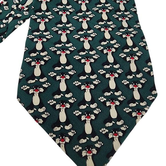 Warner Bros Sylvester The Cat Neck Tie 100% Silk Green High Fun Fashion Looney - Picture 2 of 7